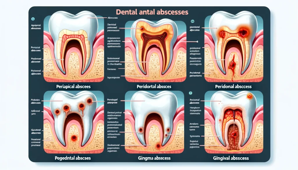 انواع آبسه دندان، شامل آبسه پریآپیکال، آبسه پریودنتال و آبسه لثهای