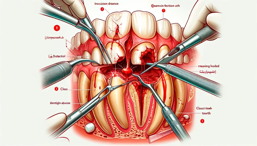 صویر از جراحی آبسه دندان آمده است که مراحل شامل برش و تخلیه آبسه، تمیز کردن ناحیه عفونی و بستن زخم را نشان میدهد. ابزارهای دندانپزشکی مورد استفاده و دندان آسیب دیده نیز در تصویر دیده میشوند